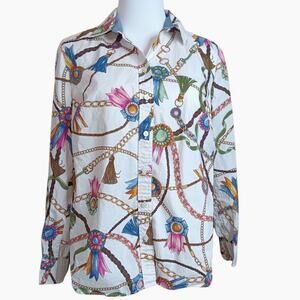 TALBOTS Cotton Shirt Blouse Top Medium Petite MP Equestrian Ribbons Bridle Chain